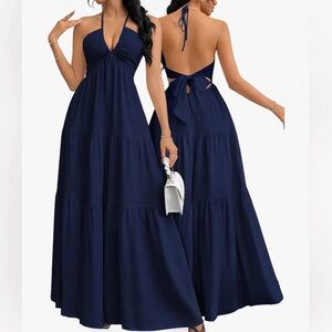 Navy Halter Maxi Sundress with Open Back
